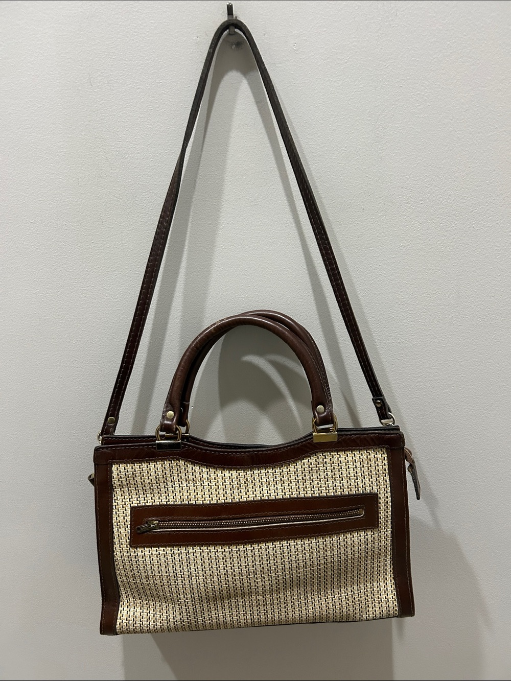 Woven Straw and Brown Leather Top-Handle Shoulder Bag